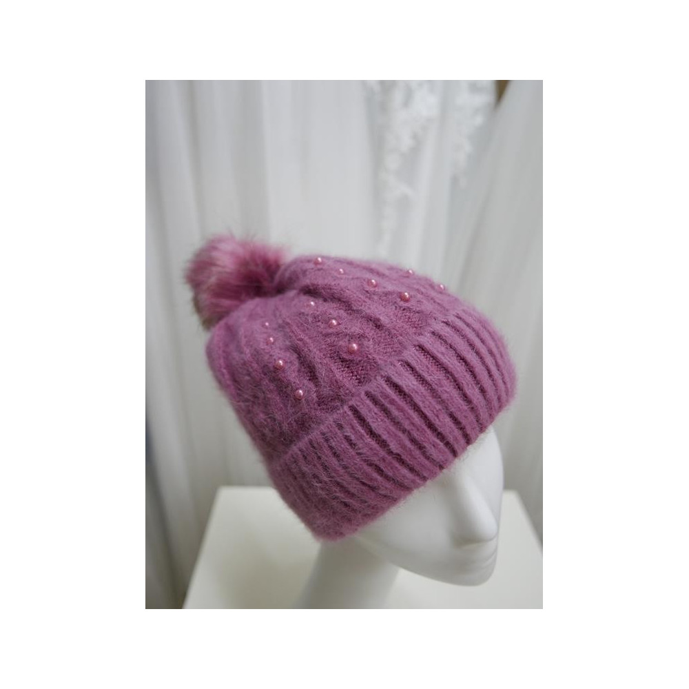 Różowy wrzos czapka z pomponem sztuczne futro.