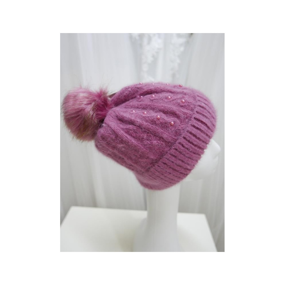Różowy wrzos czapka z pomponem sztuczne futro.