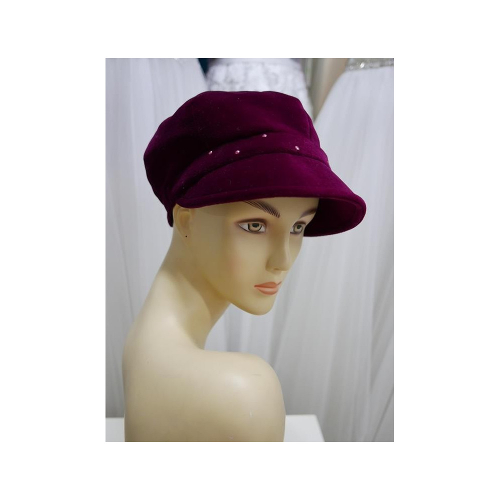 Wiśniowy kaszkiet aksamit  56-58 cm