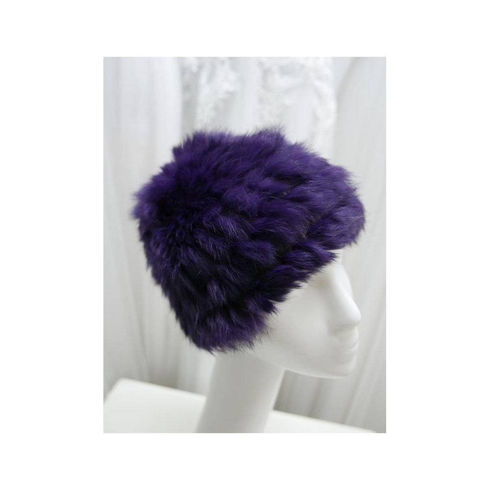 Fioletowa czapka futro naturalne królicze i akryl 54-56 cm