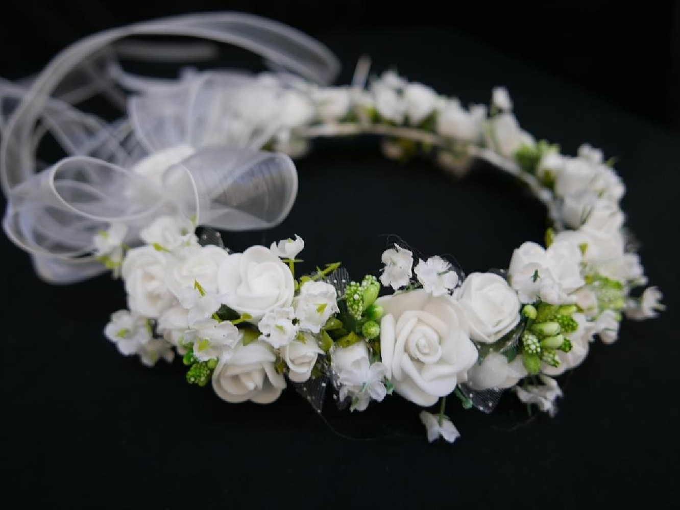 Biało zielony wianek komunijny z kokardą