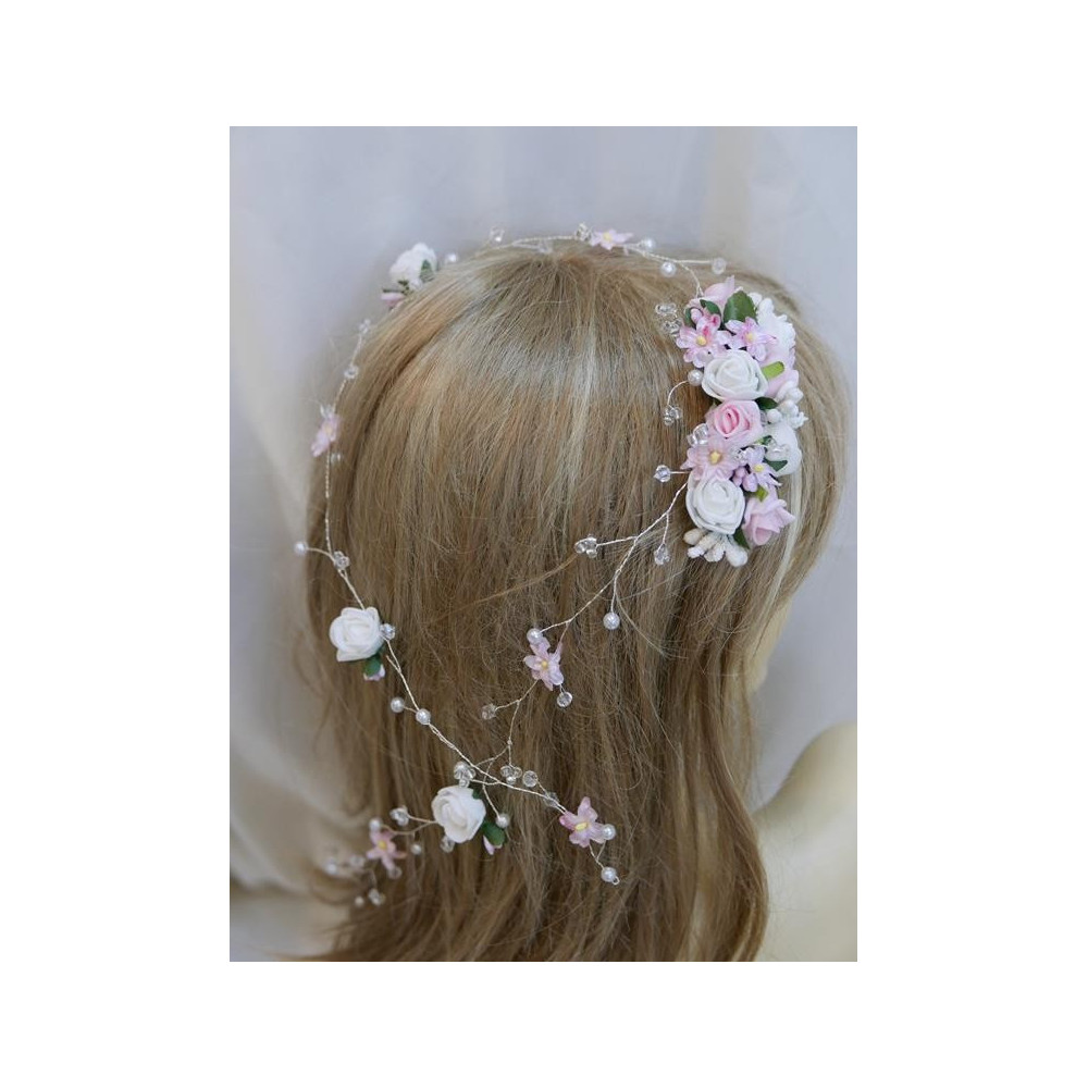 Biało - różowy wianek girlanda, wężyk z kwiatów  88 cm