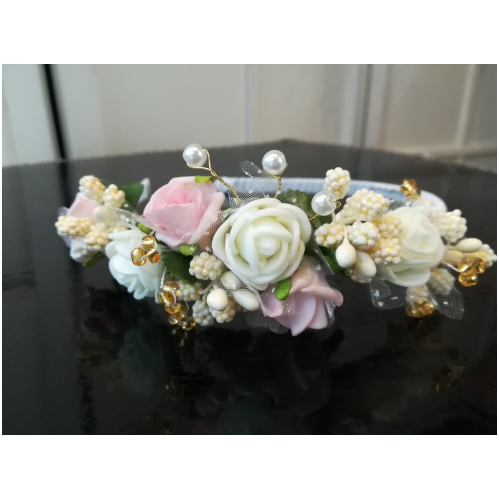 Kremowo różowa przepaska z kwiatuszków jak żywe