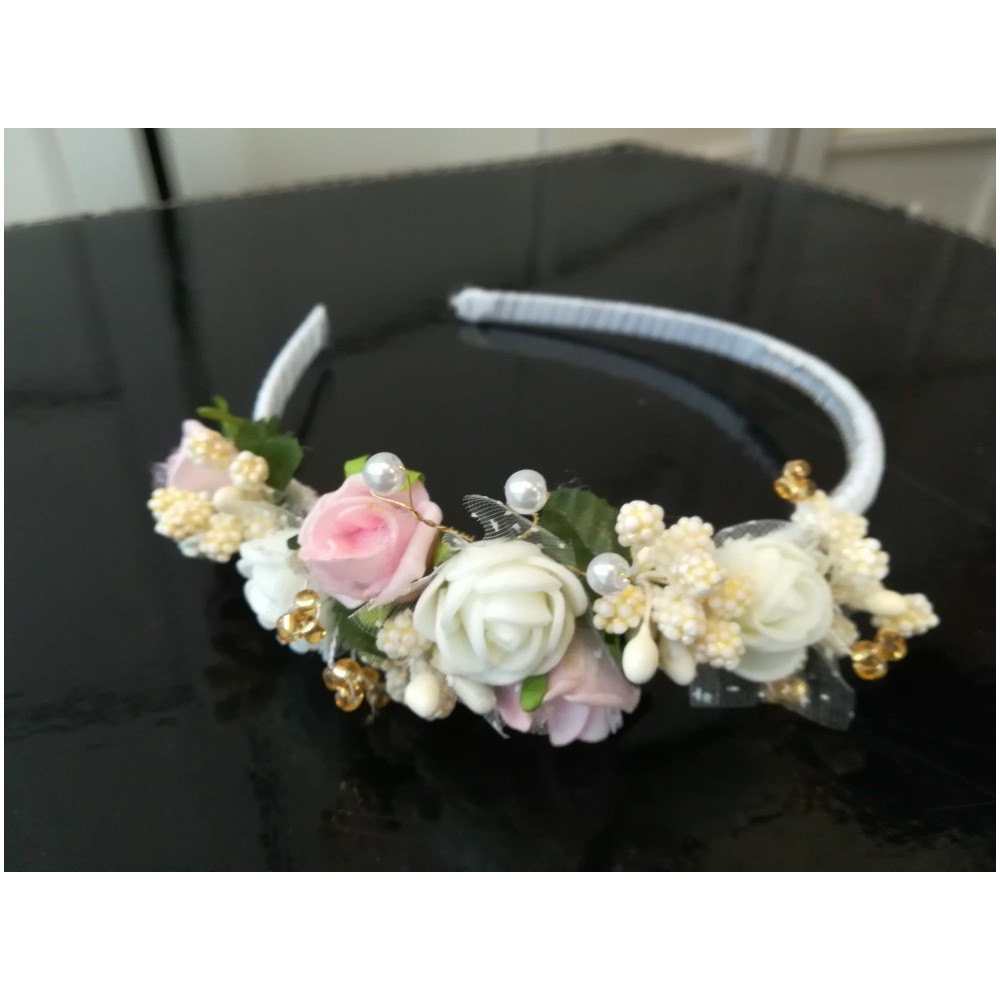 Kremowo różowa przepaska z kwiatuszków jak żywe