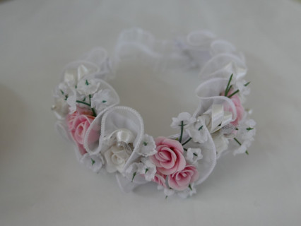 Biało- różowy wianuszek do chrztu 40-46 cm