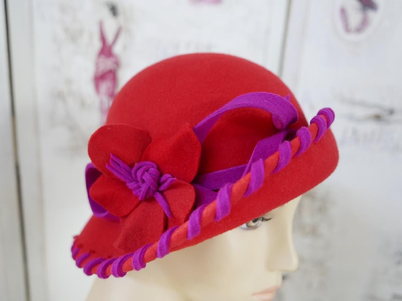 Arleta czerwony z fuksją kapelusz filc 54-57cm