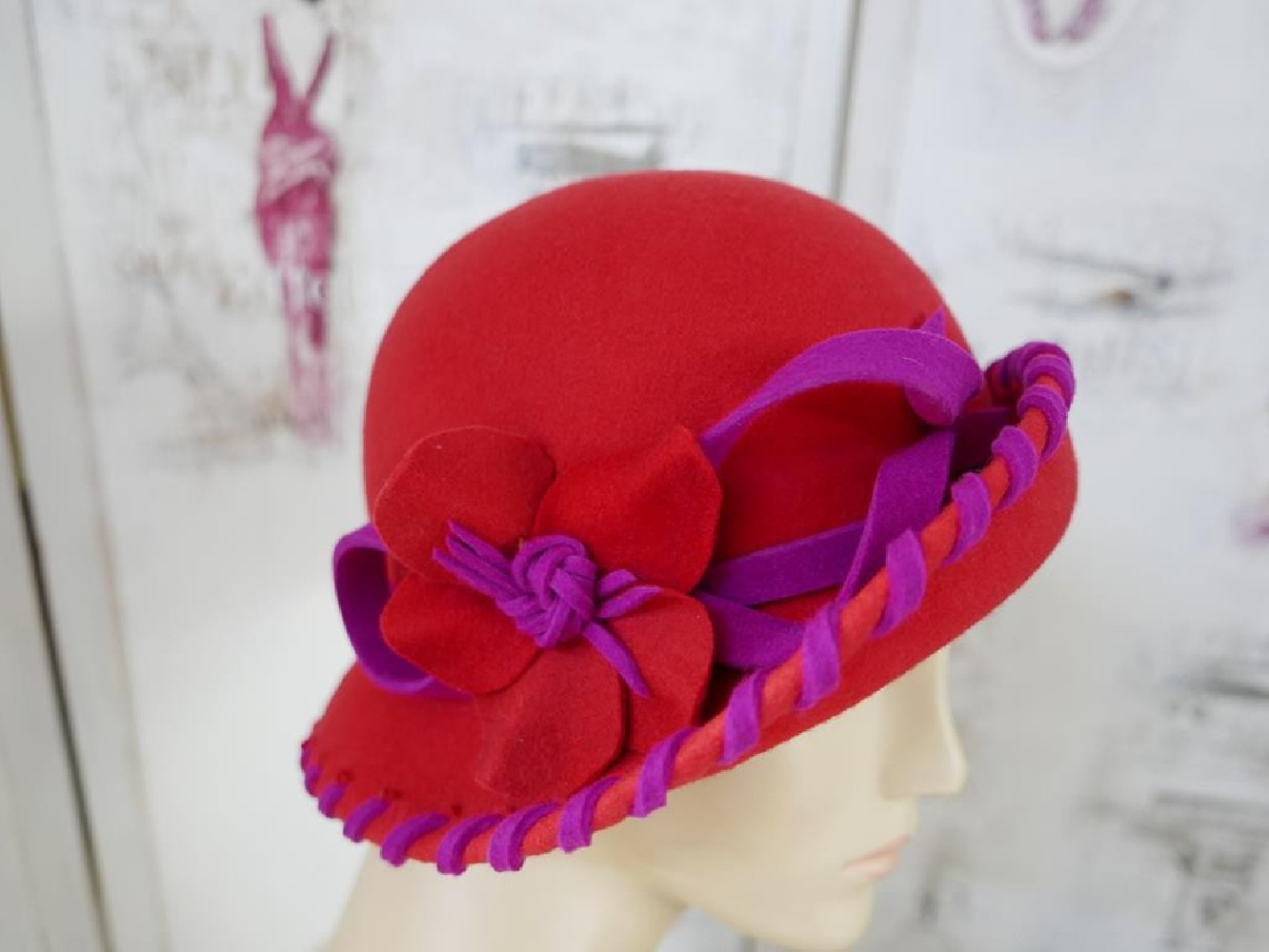 Arleta czerwony z fuksją kapelusz filc 54-57cm
