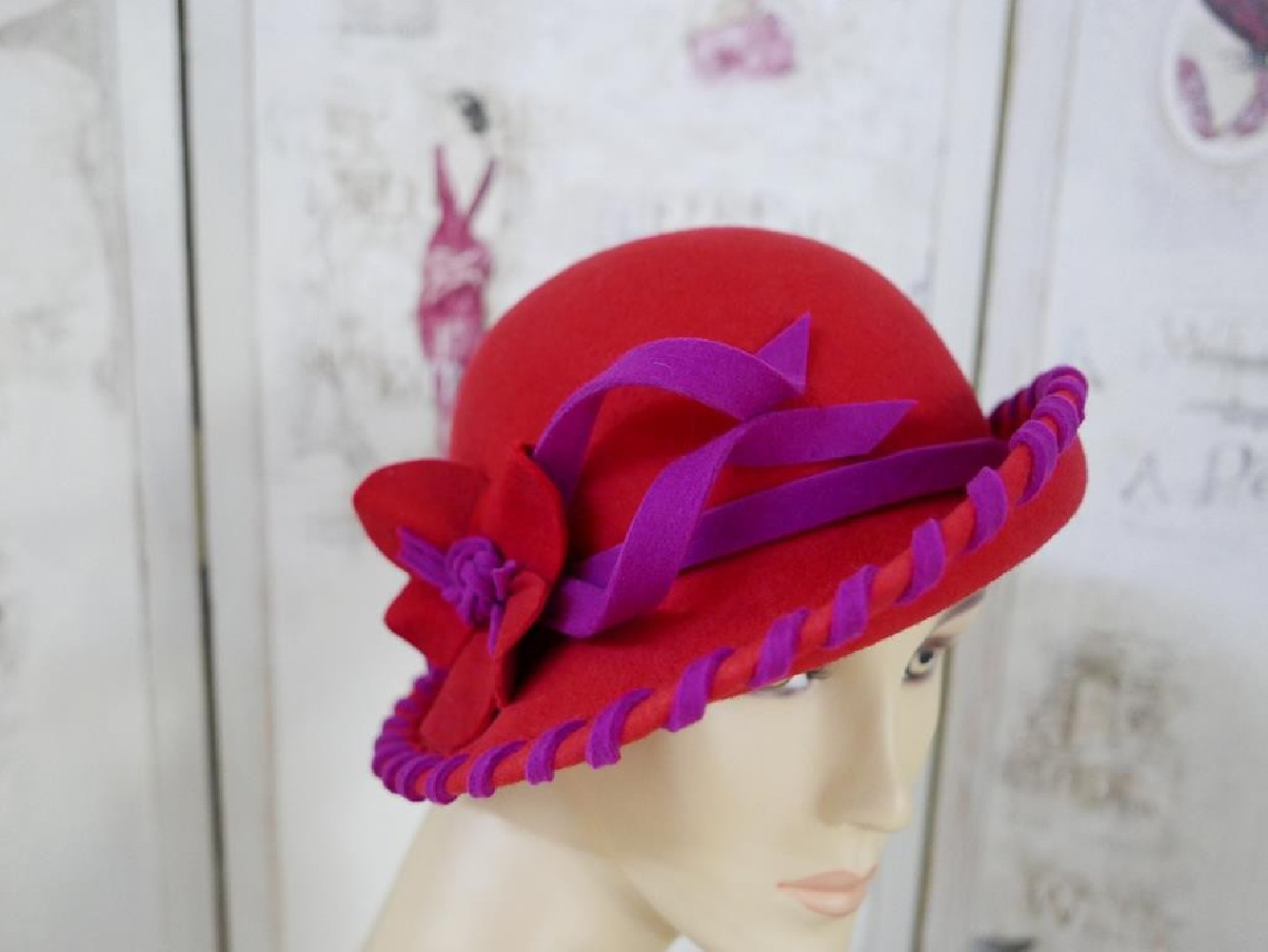 Arleta czerwony z fuksją kapelusz filc 54-57cm