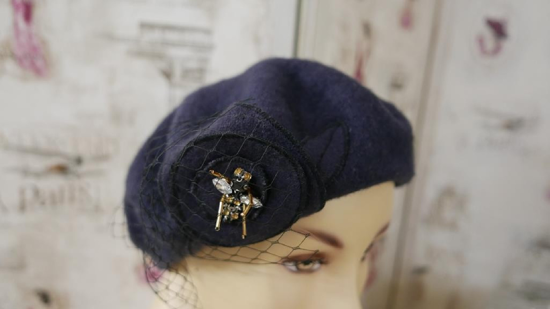 Stalowy beret dzianina wełna z woalką