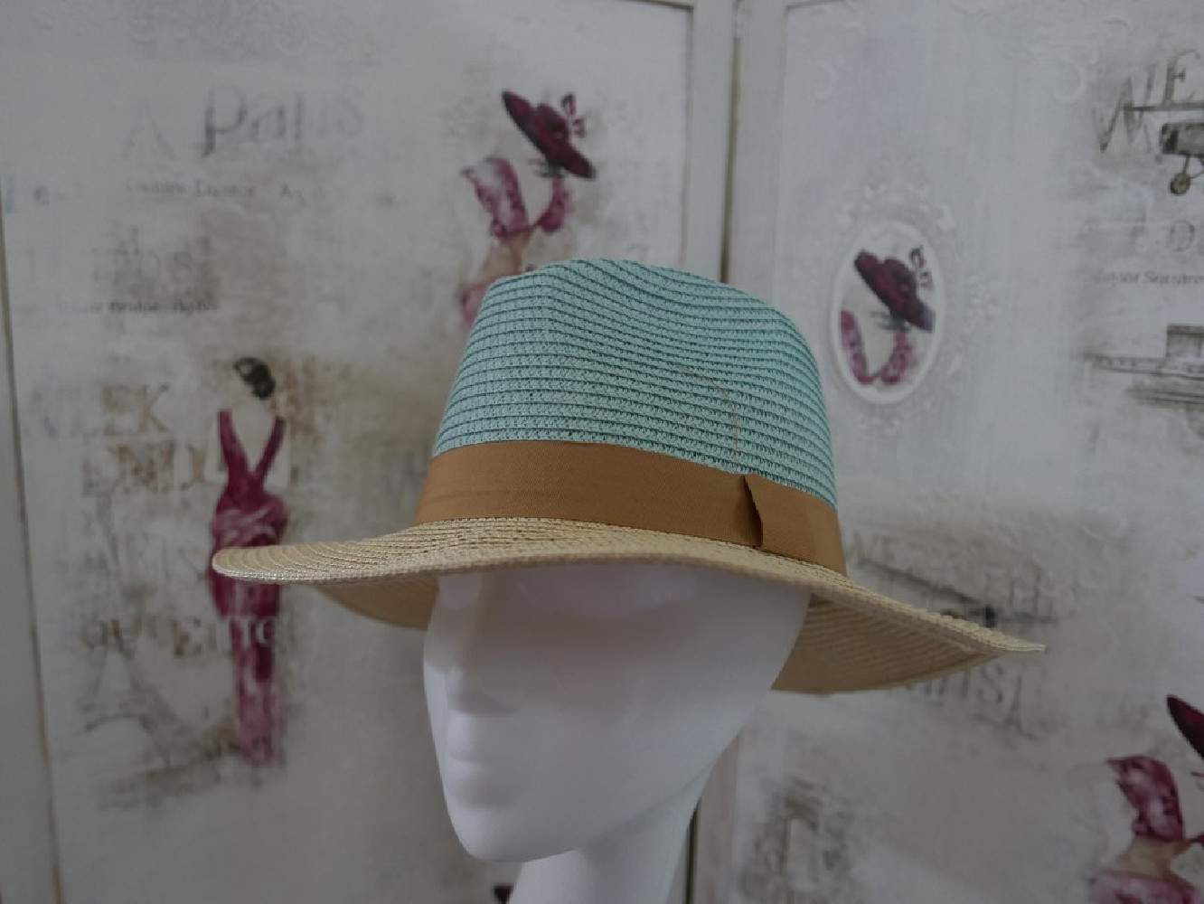 Borys niebiesko beżowy słomkowy letni  kapelusz 55-57 cm