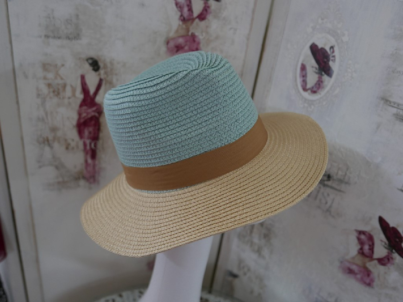Borys niebiesko beżowy słomkowy letni  kapelusz 55-57 cm