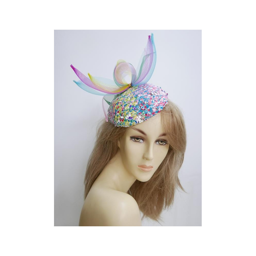 Tęczowy mini toczek fascynator cekiny mat