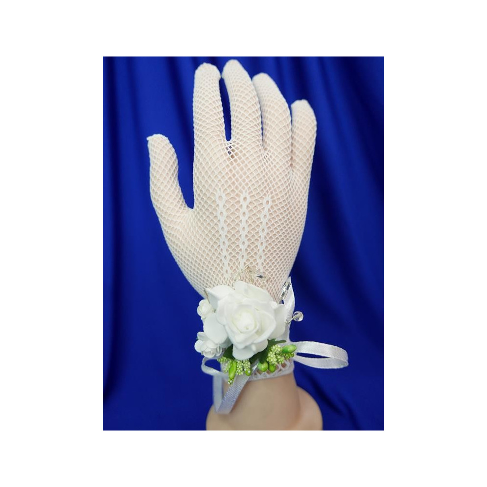 Bransoletka, kotylion z kwiatów, biały z zielenią bukiecik