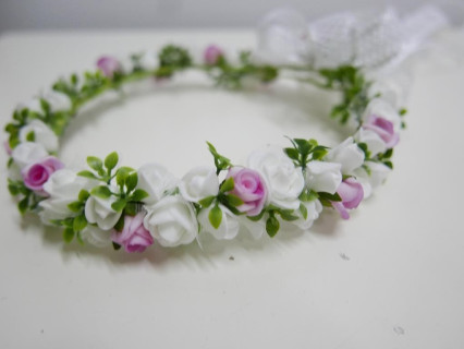 Biało rózowy wianek  komunijny z kokardą