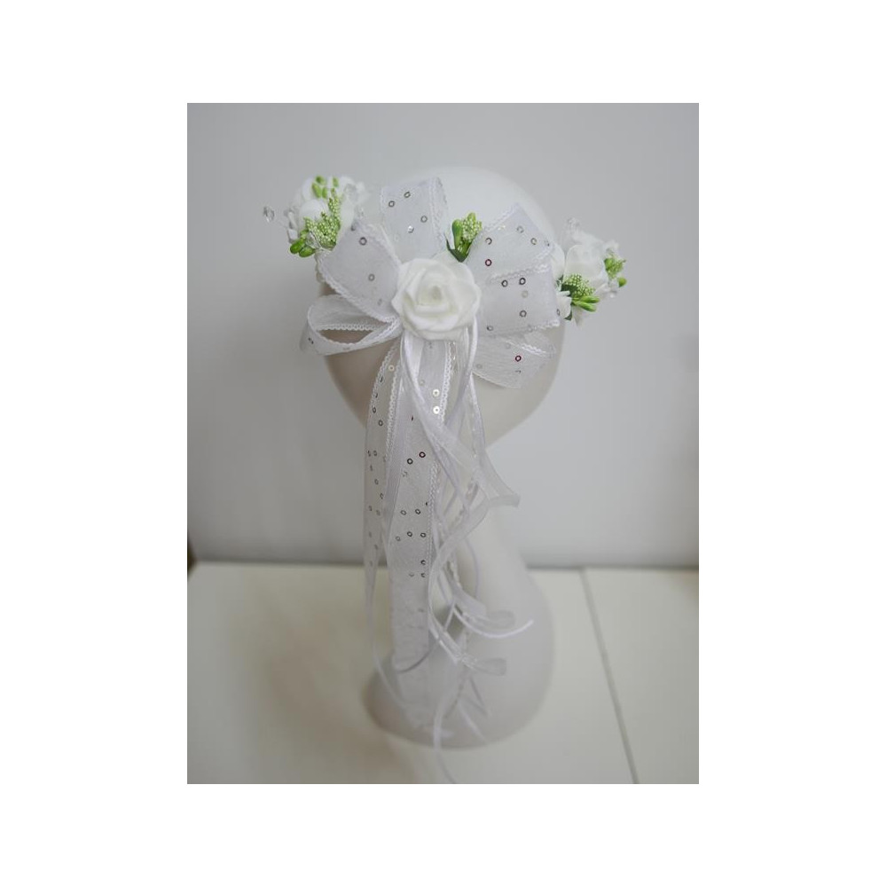 Biało zielony wianek jak żywy z perłami na czoło z kokardą