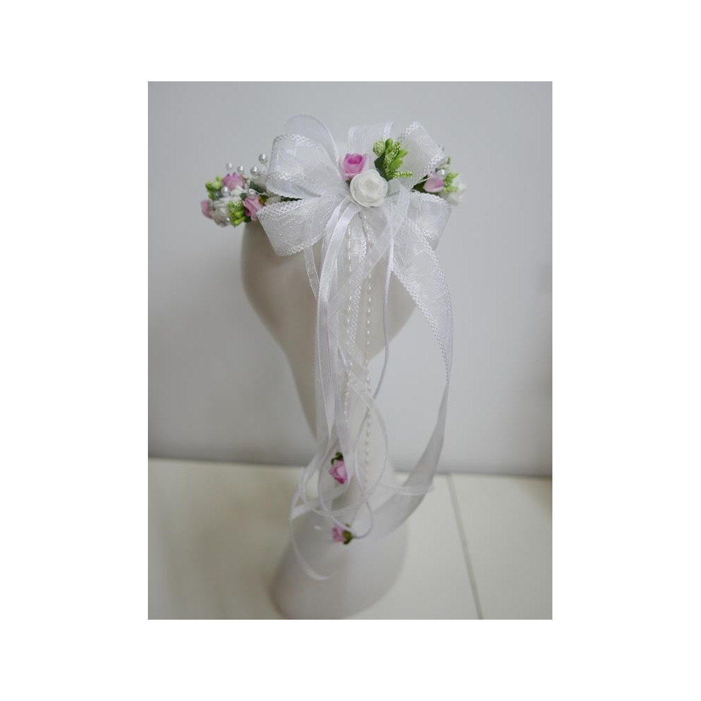 Biało różowy wianek jak żywy z perłami na czoło z kokardą