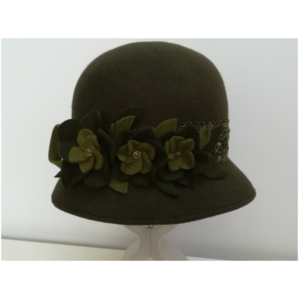 Art deco zielony kapelusz klosz filcowy 54-56 cm