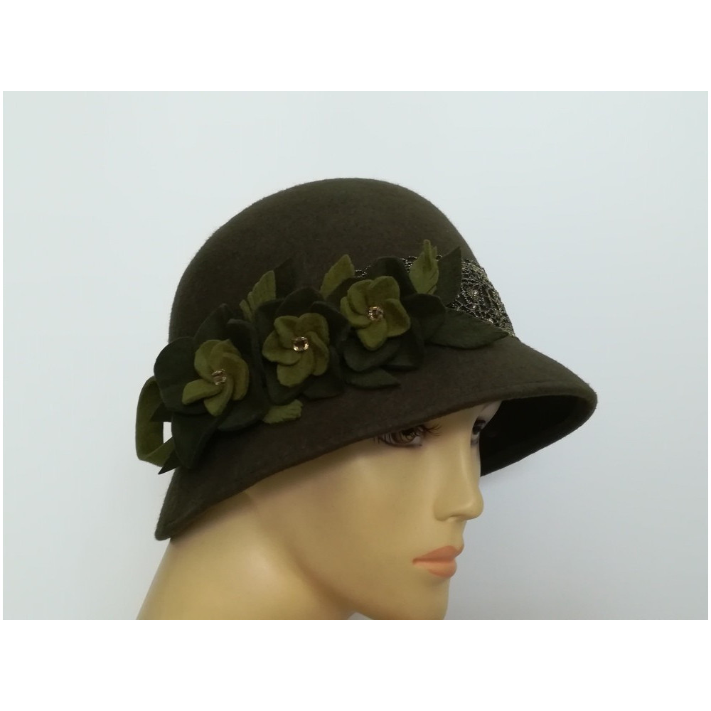 Art deco zielony kapelusz klosz filcowy 54-56 cm