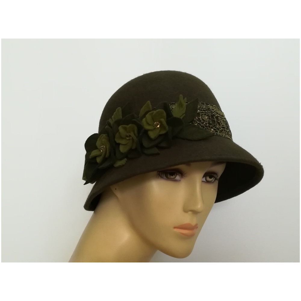 Art deco zielony kapelusz klosz filcowy 54-56 cm