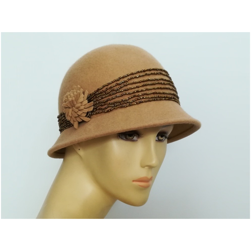 Art deco beżowy kapelusz klosz filcowy 54-56 cm