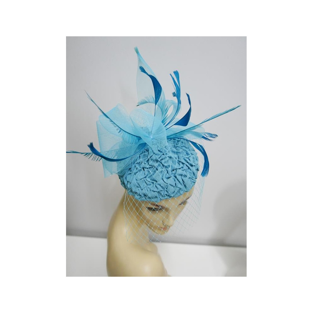Turkusowy niebieski mini toczek, fascynator tkanina z woalką