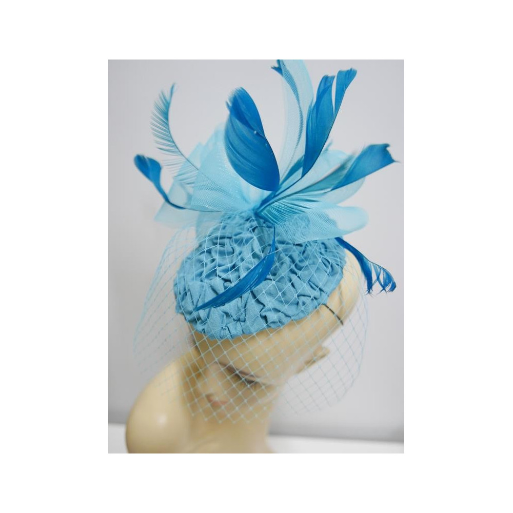 Turkusowy niebieski mini toczek, fascynator tkanina z woalką