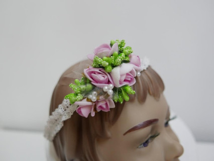 Różowo zielona opaska chrzest niemowlęca elastyczna