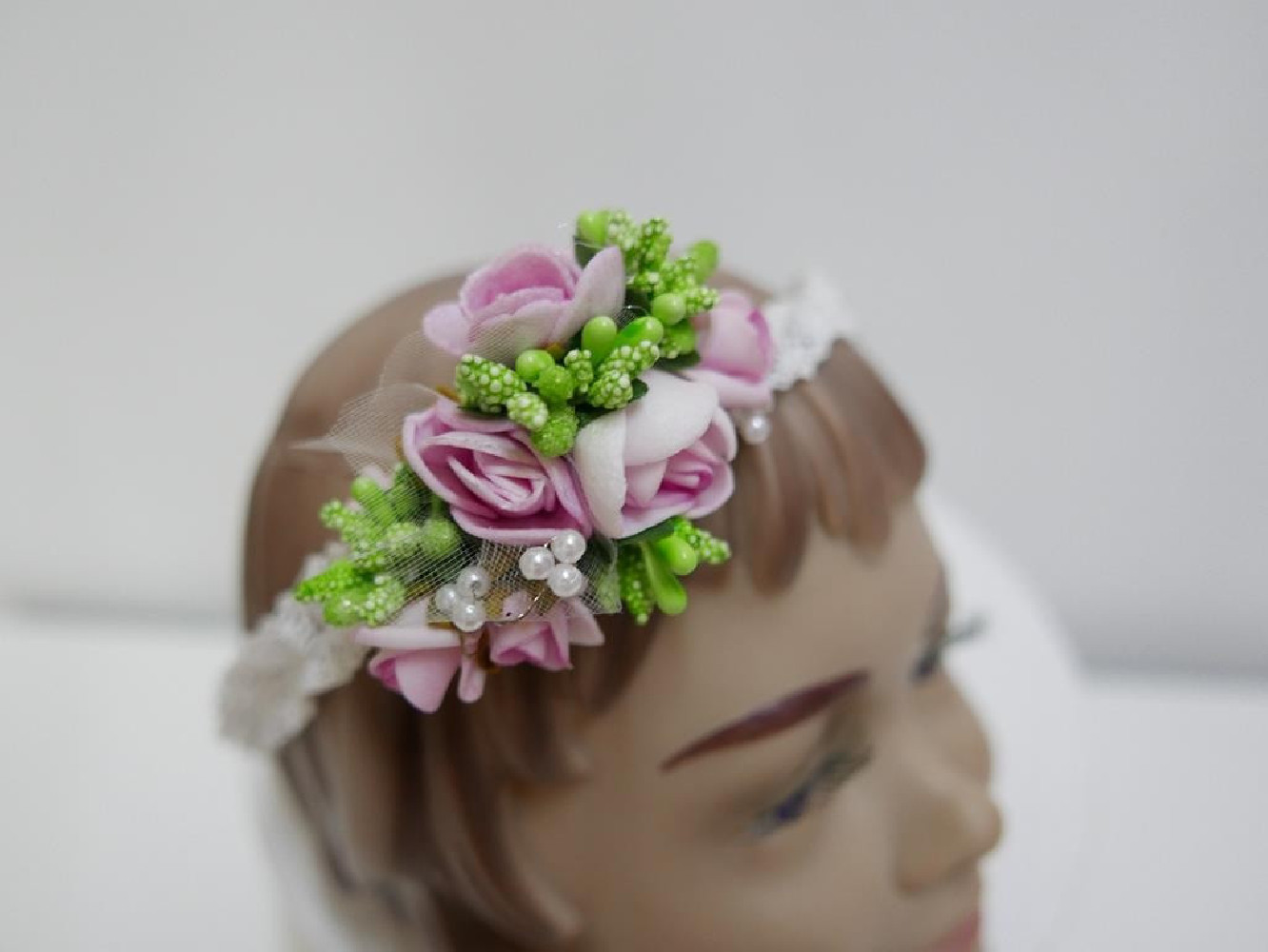 Różowo zielona opaska chrzest niemowlęca elastyczna