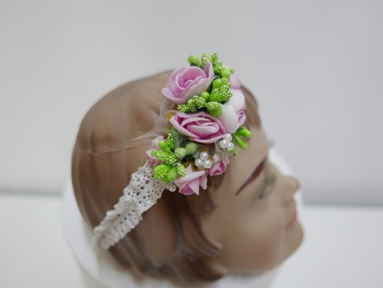 Różowo zielona opaska chrzest niemowlęca elastyczna