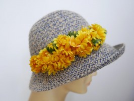 Retro granatowo beżowy letni  kapelusz z kwiatami 56-57 cm