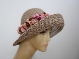 Retro beżowo brązowy letni  kapelusz z kwiatami 55-56 cm