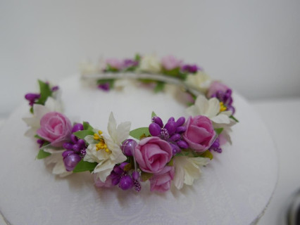 Fioletowo różowo kremowa przepaska z kwiatuszków jak żywe