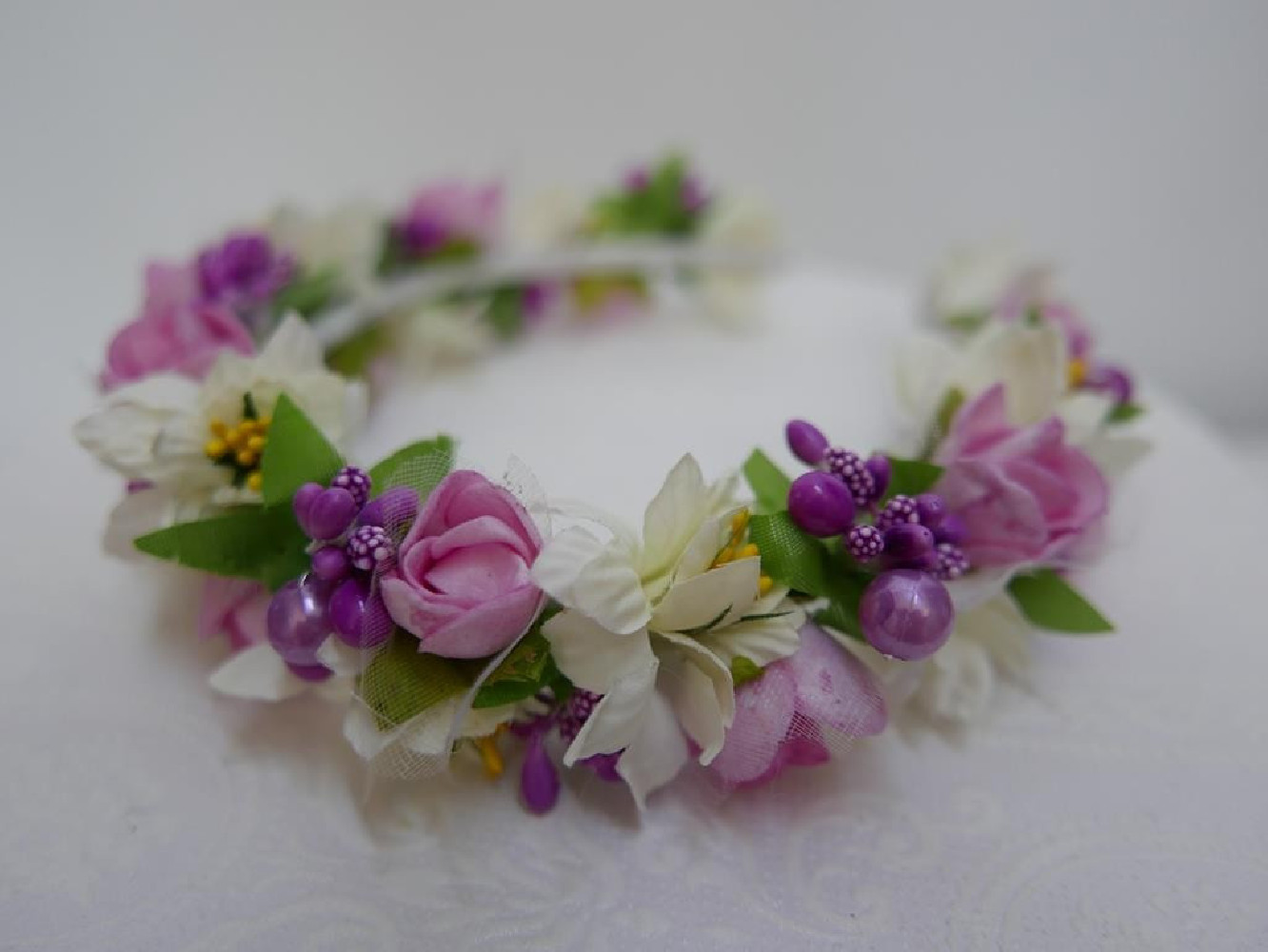 Fioletowo różowo kremowa przepaska z kwiatuszków jak żywe