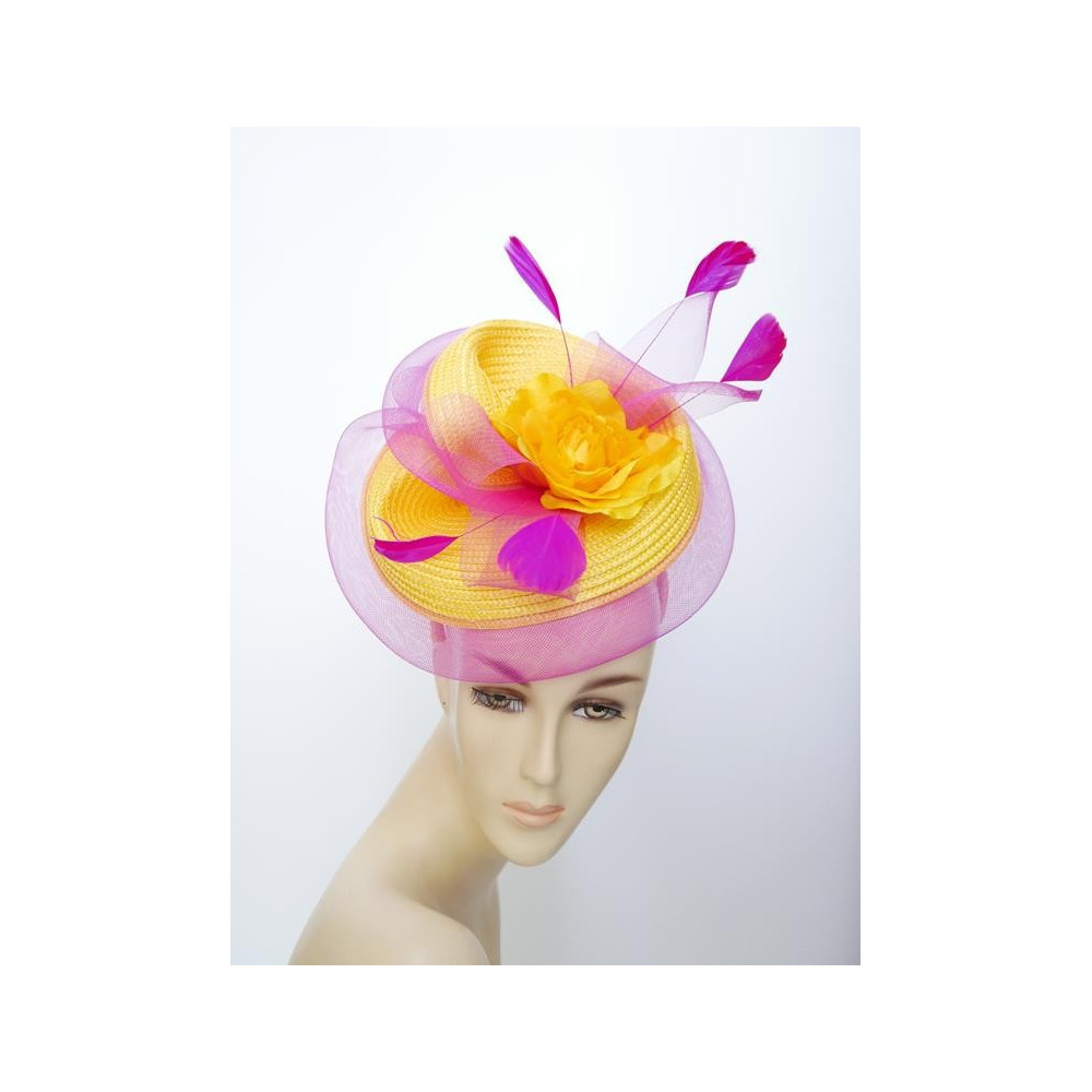 Żółty z fuksją fascynator na przepasce