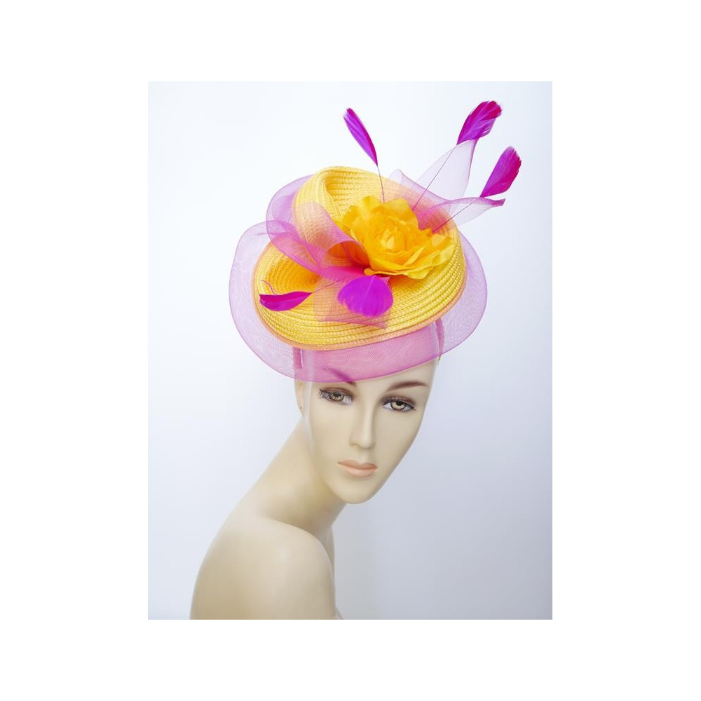 Żółty z fuksją fascynator na przepasce