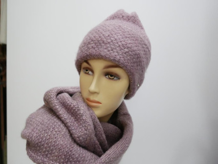 Wrzosowy komplet czapka i szal