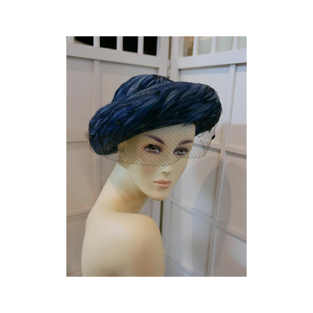 Cecylia niebieski kapelusz z piór z woalką Vintage 53-56 cm