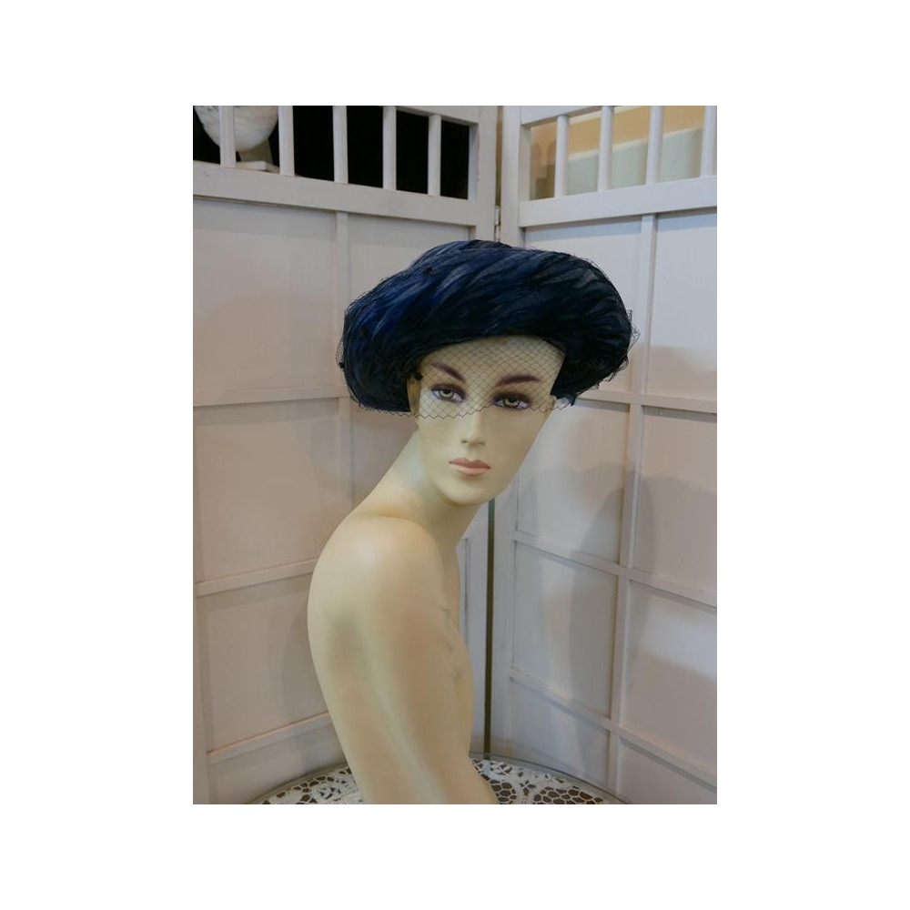 Cecylia niebieski kapelusz z piór z woalką Vintage 53-56 cm