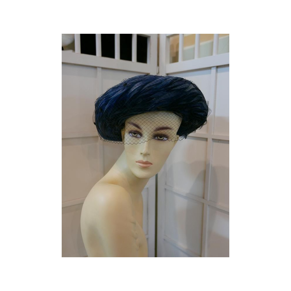 Cecylia niebieski kapelusz z piór z woalką Vintage 53-56 cm