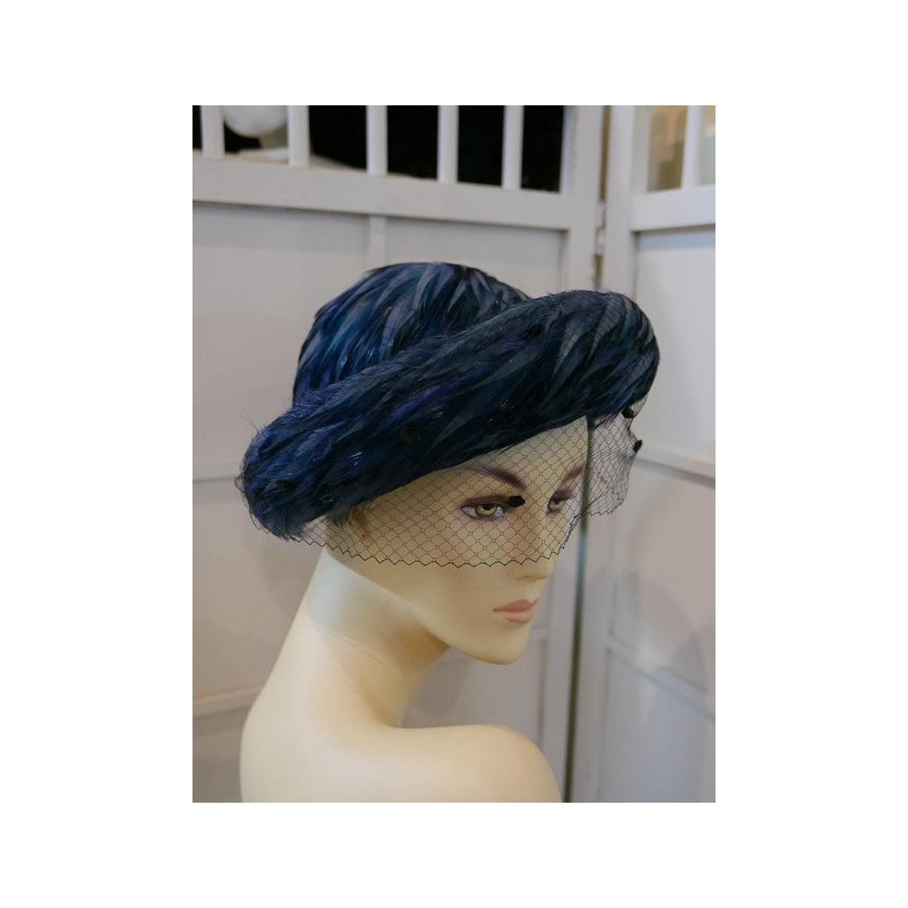 Cecylia niebieski kapelusz z piór z woalką Vintage 53-56 cm