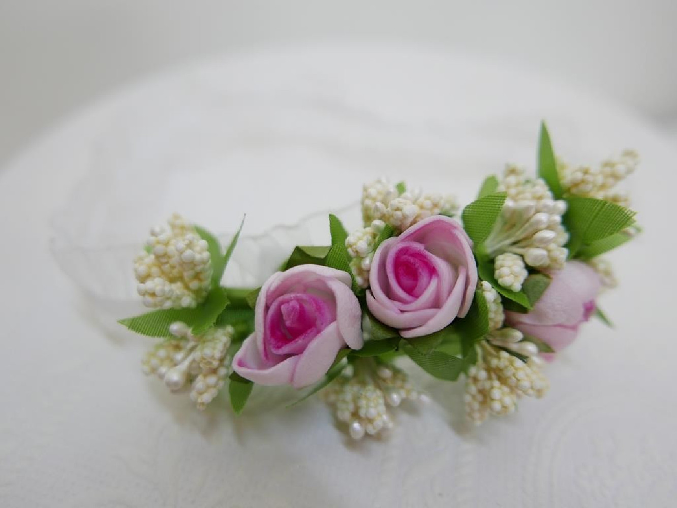 Biało różowa opaska chrzest niemowlęca elastyczna