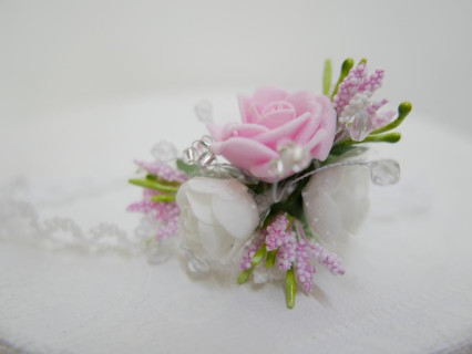 Biało różowa opaska chrzest niemowlęca elastyczna