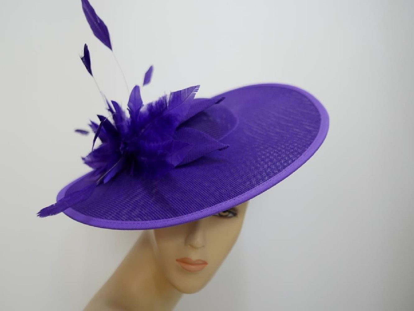 Fioletowy kapelusz koktajlowy dysk z lnu z piórami