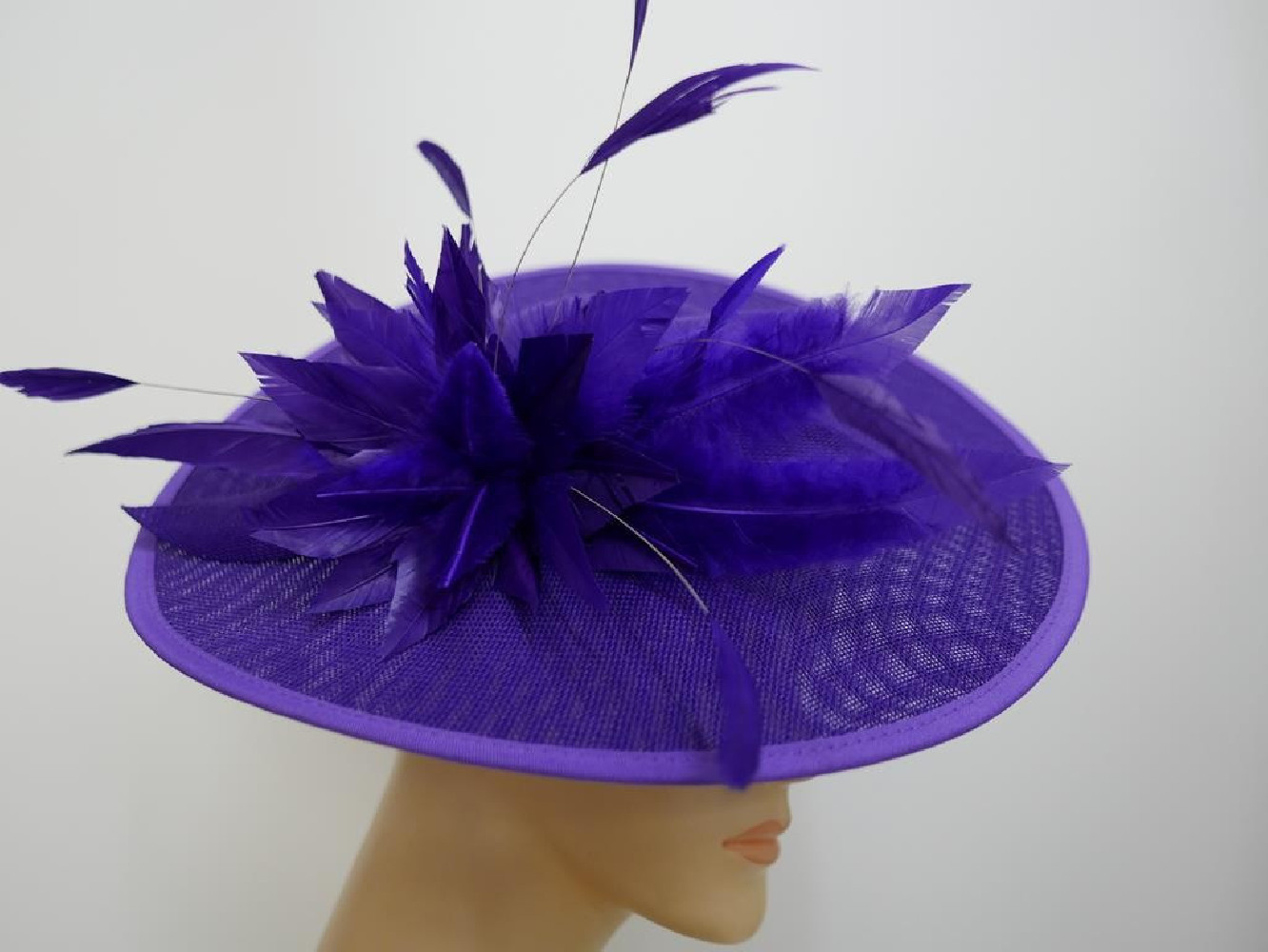 Fioletowy kapelusz koktajlowy dysk z lnu z piórami