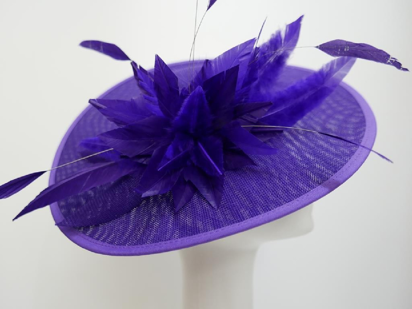 Fioletowy kapelusz koktajlowy dysk z lnu z piórami