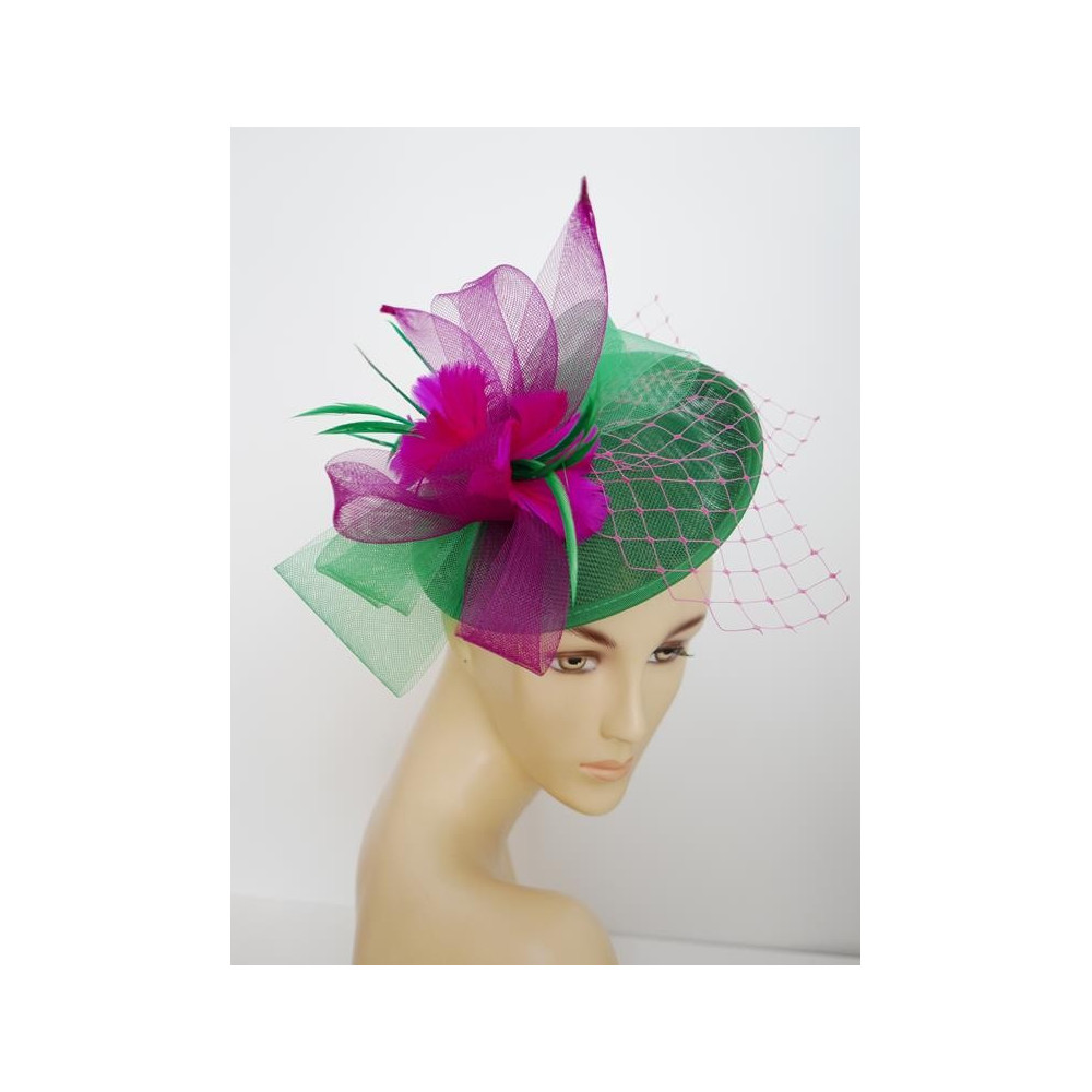 Zielony z fuksją kapelusik koktajlowy z woalką, z lnu na przepasce