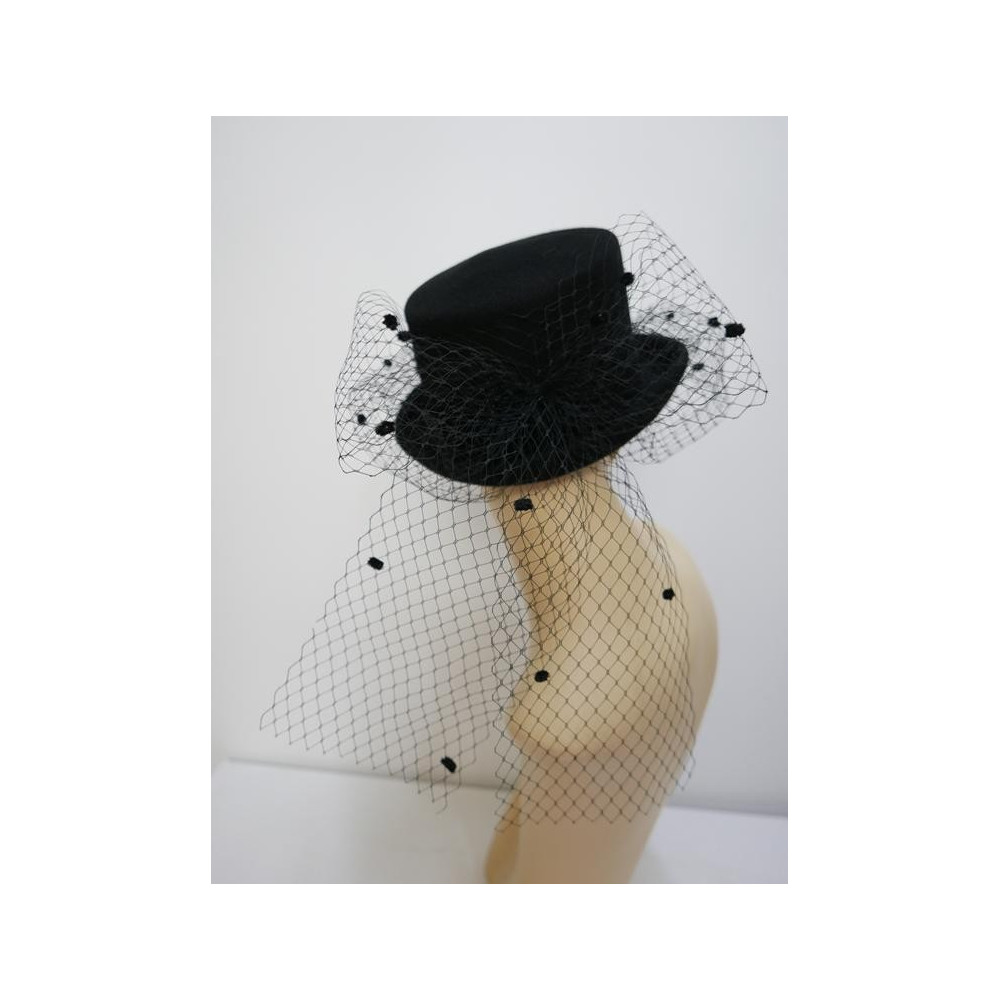 Charlotta damski cylinder z woalką czarny kapelusz filcowy 55-58 cm