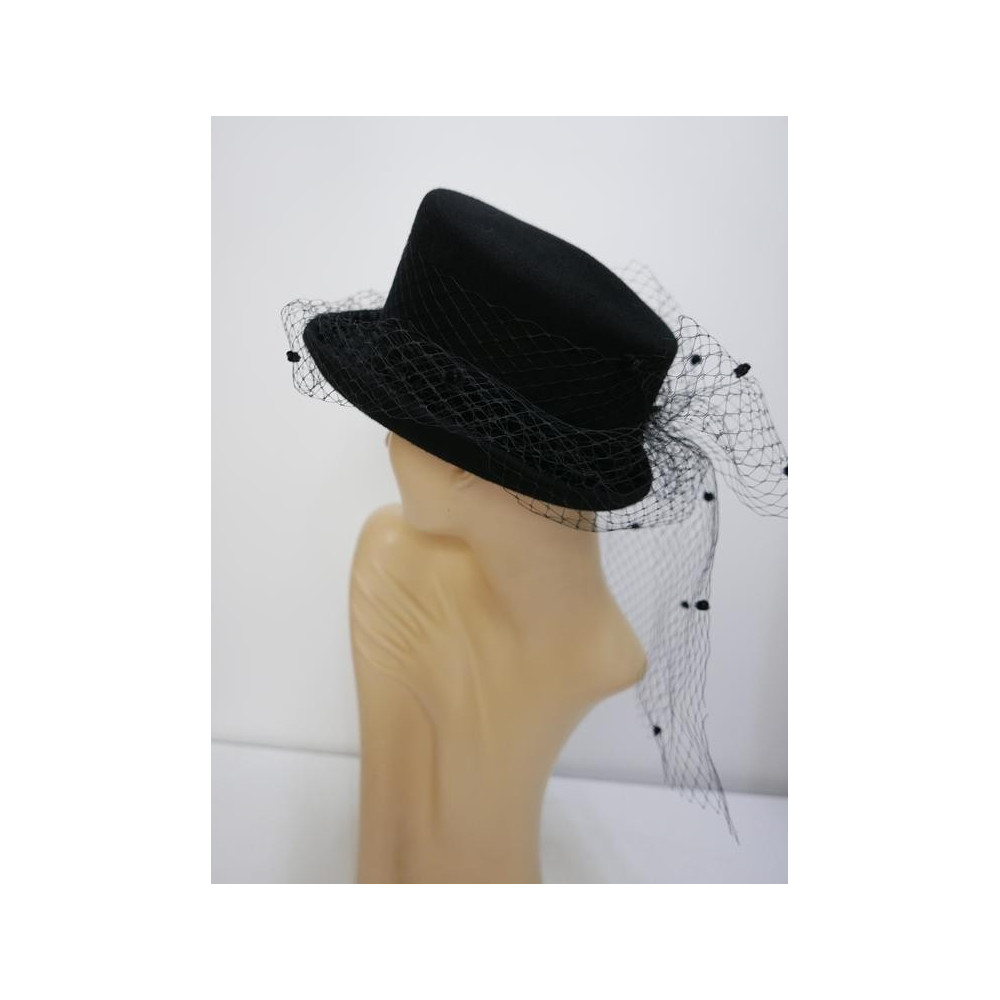 Charlotta damski cylinder z woalką czarny kapelusz filcowy 55-58 cm