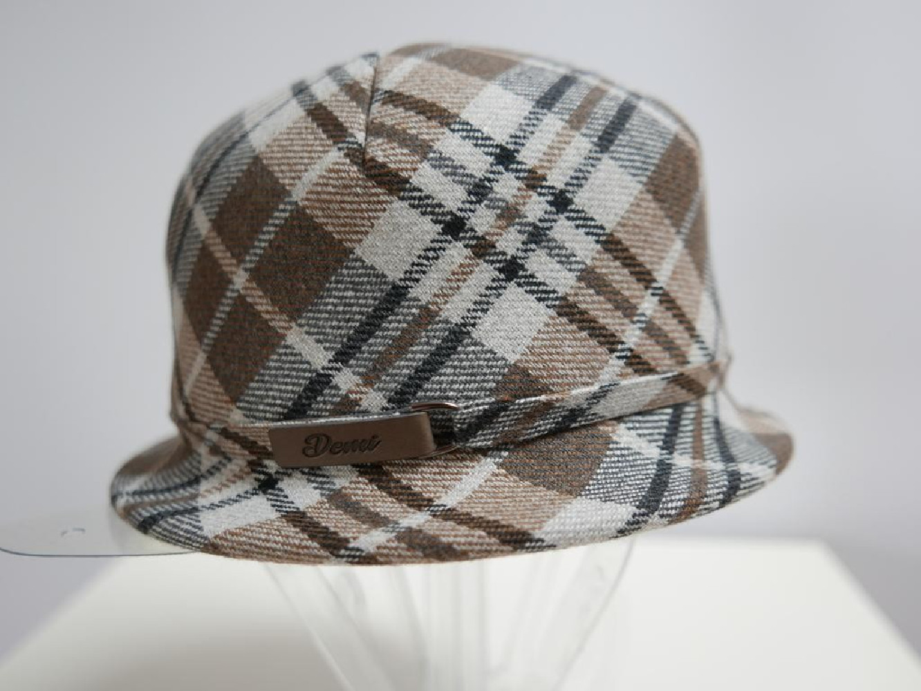 Beżowy w krateczkę kapelusz tkanina do 58 cm- regulowany