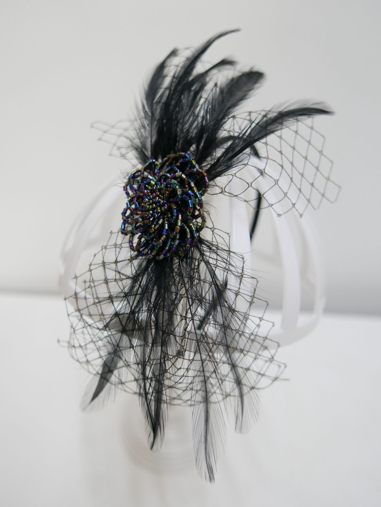 copy of copy of Biało czarny fascynator z woalką na przepasce